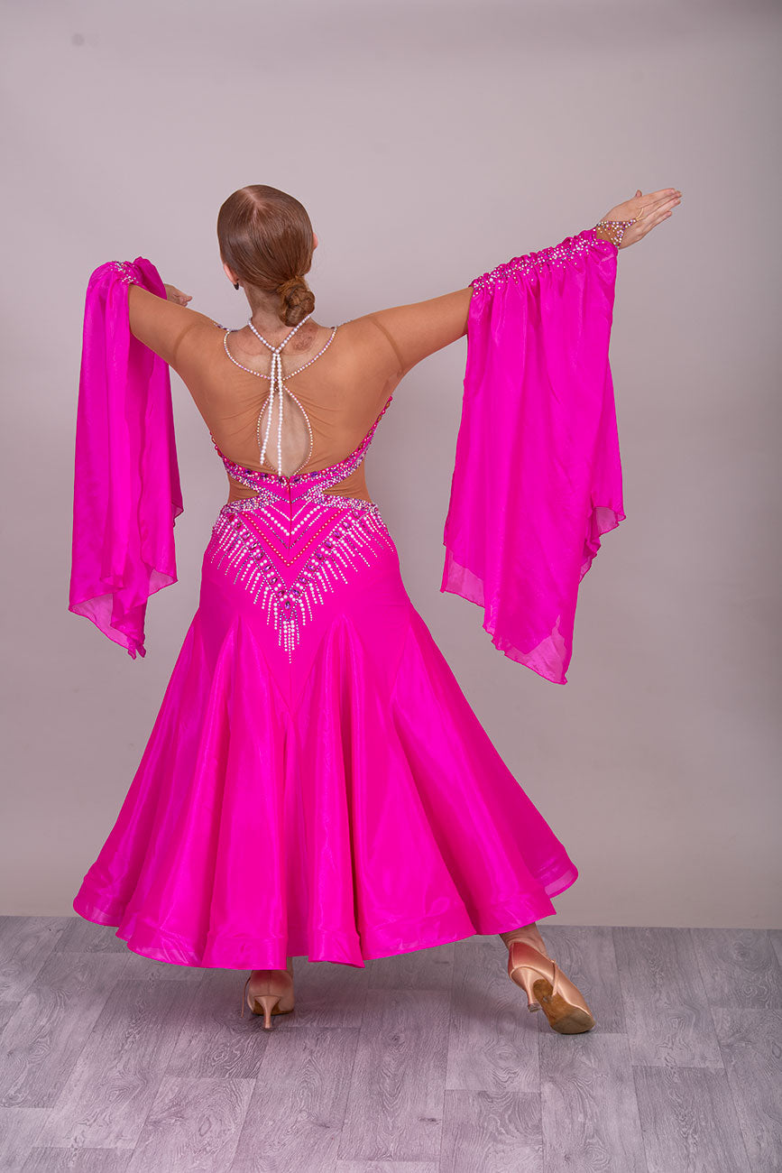53B Cerise Pink & Tan Competition Ballroom Dance Dress. Stoned in Rose & AB with Pearls. Overall stunning design. ❤️Showroom Appointments Available❤️