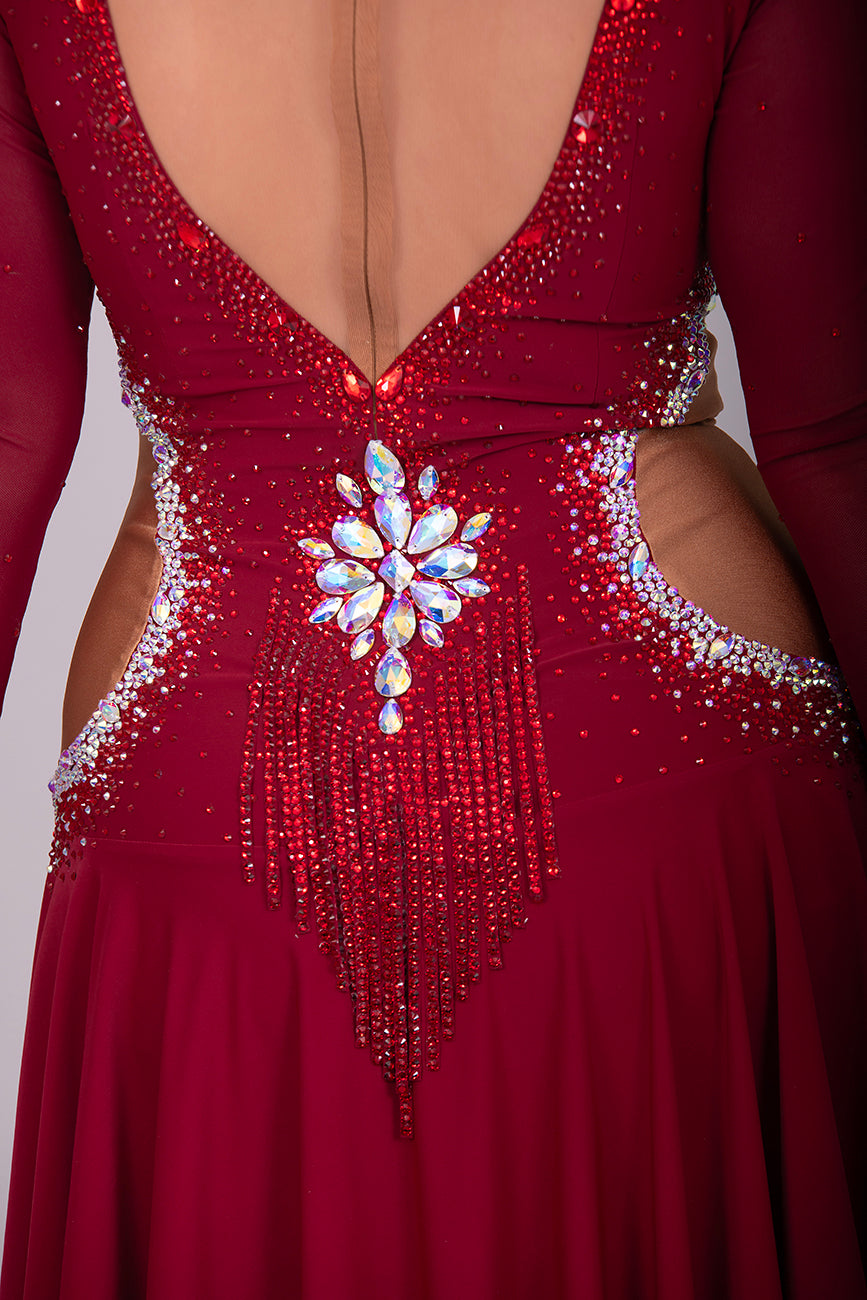 052 Wine Colour Latin Competition Dance Dress with heavily stoned stunning design in AB & Dark Siam High Mesh Back to give option of wearing own Bra. Flesh colour Lycra side panels (not see through) giving the illusion of cut outs.