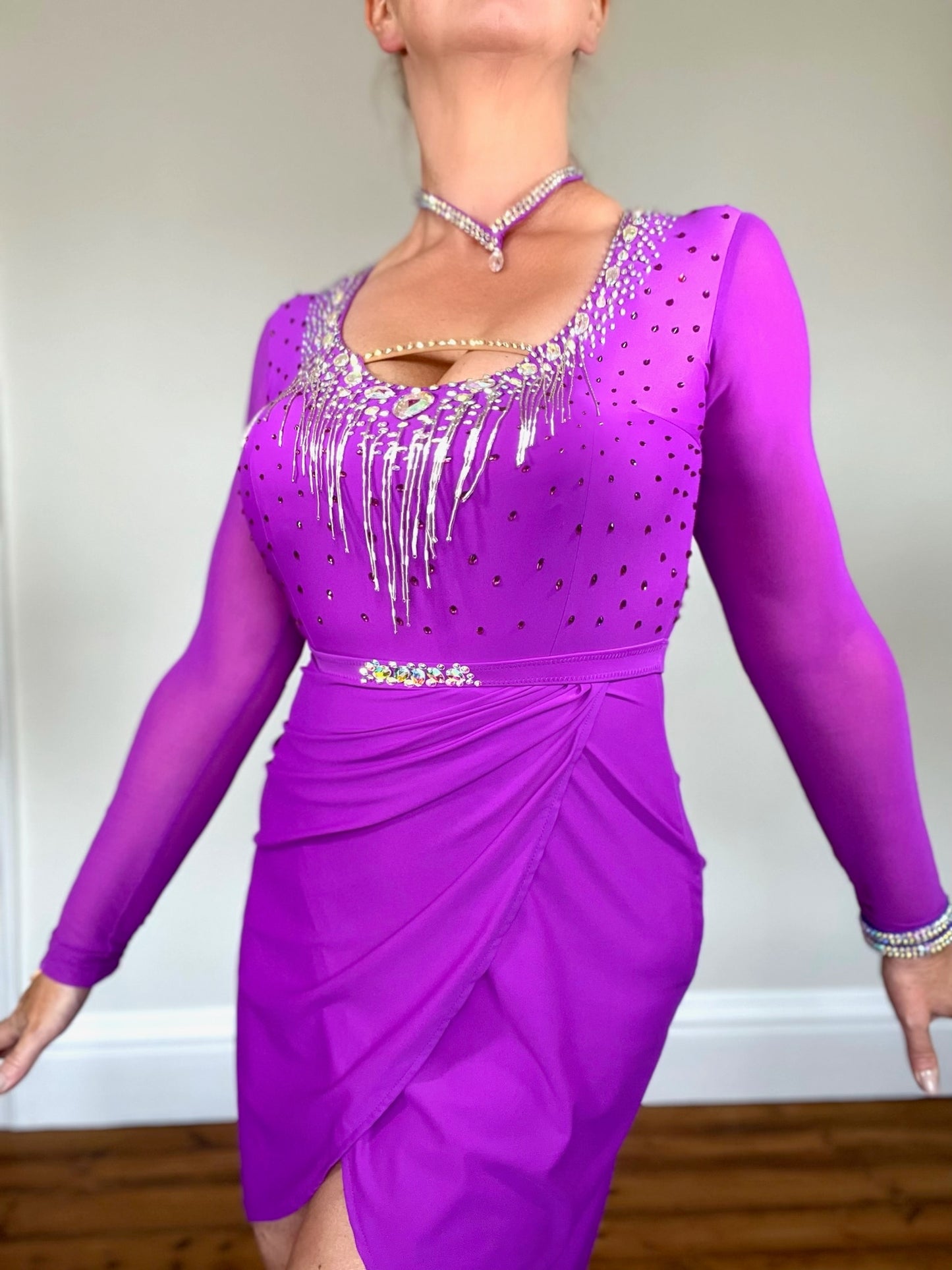 352 Hot Magenta Latin Dress. Decorated with silver bead droppers and AB stones. Stunning drape detail to one hip with detachable belt