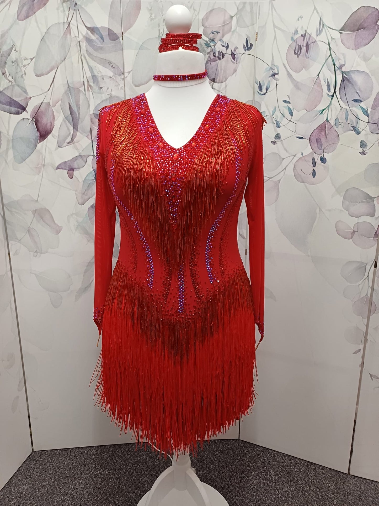 01170 Red Competition Latin Dance Dress. Red Fringe & Bead Droppers heavily stoned in Siam & Siam AB with Keyhole back feature