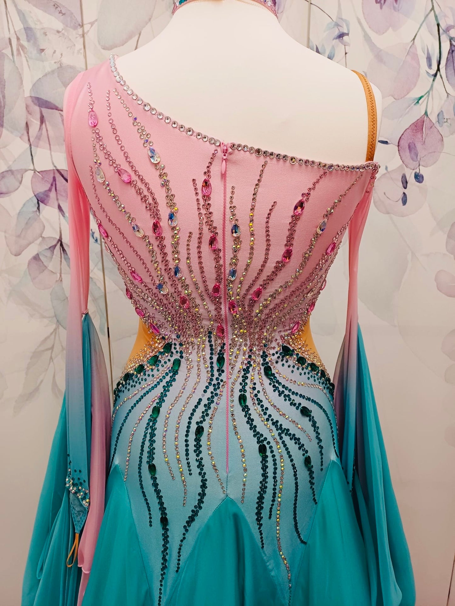 01130 Light Aqua & Baby Pink Ombre Competition Ballroom Dance Dress. Stone with AB & Fuschia. Detachable floats