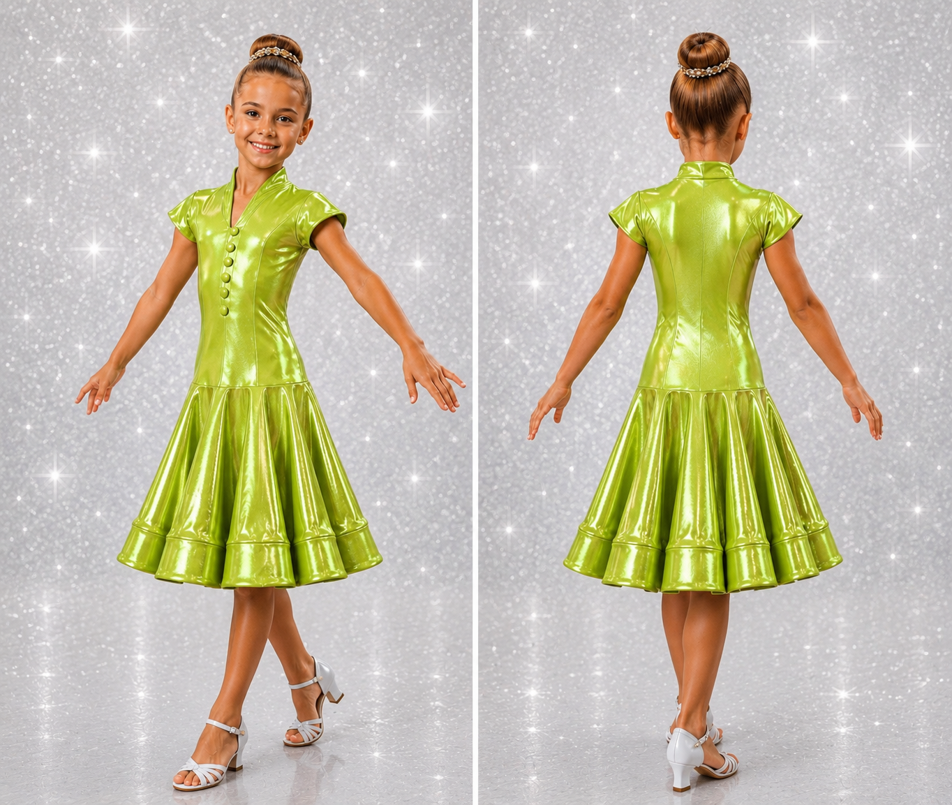 112J Metallic Lime 1 Piece Latin Dress Competition Number Wallet & Decorative Pins & Matching Hair Flower **Everything included in Price when full set purchased**