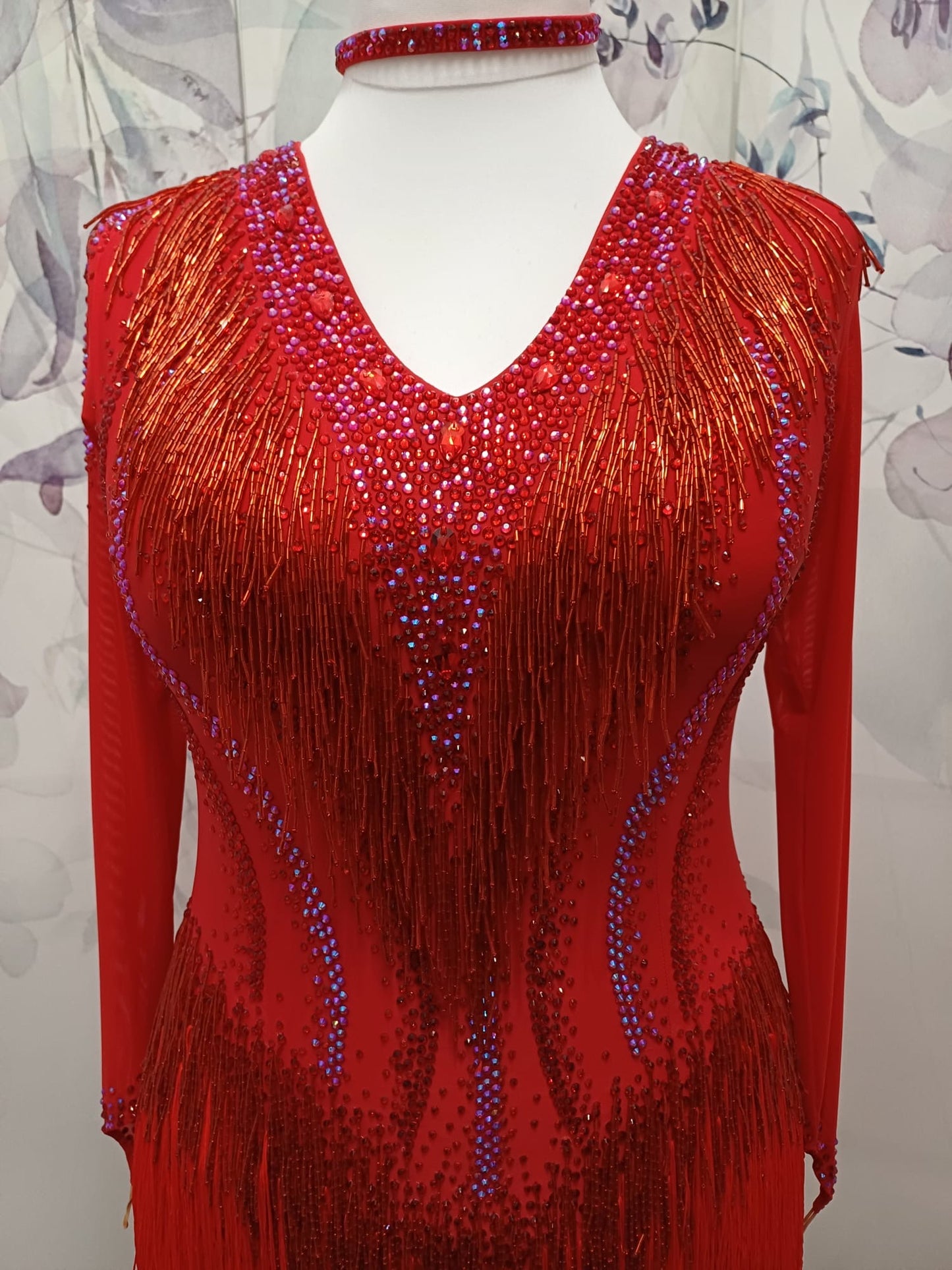 01170 Red Competition Latin Dance Dress. Red Fringe & Bead Droppers heavily stoned in Siam & Siam AB with Keyhole back feature