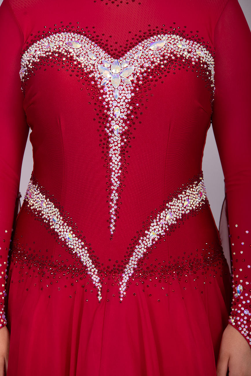 28B “TWD ELITE” New Fuller Skirts/Underskirts with flattering design in Red Heavily stoned Ballroom/Sequence Competition Dance Dress. Stoned in AB & Red, Detachable Floats. High back giving option to wear own Bra