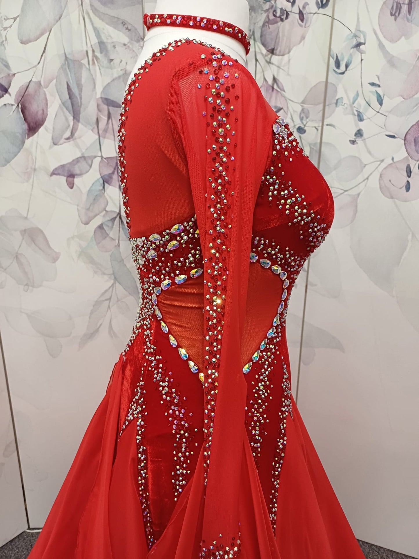 055 Red Competition Ballroom Dance Dress. Red Velvet Panels to the bodice. Heavily decorated in Siam & AB