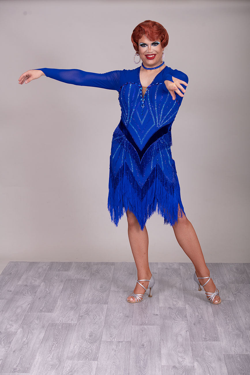 119L TWD ELITE Royal Blue Latin Competition Dance dress. Absolutely Stunning stoned in Sapphire & Light Sapphire with bead dropper fringe and tassel fringe for maximum movement.