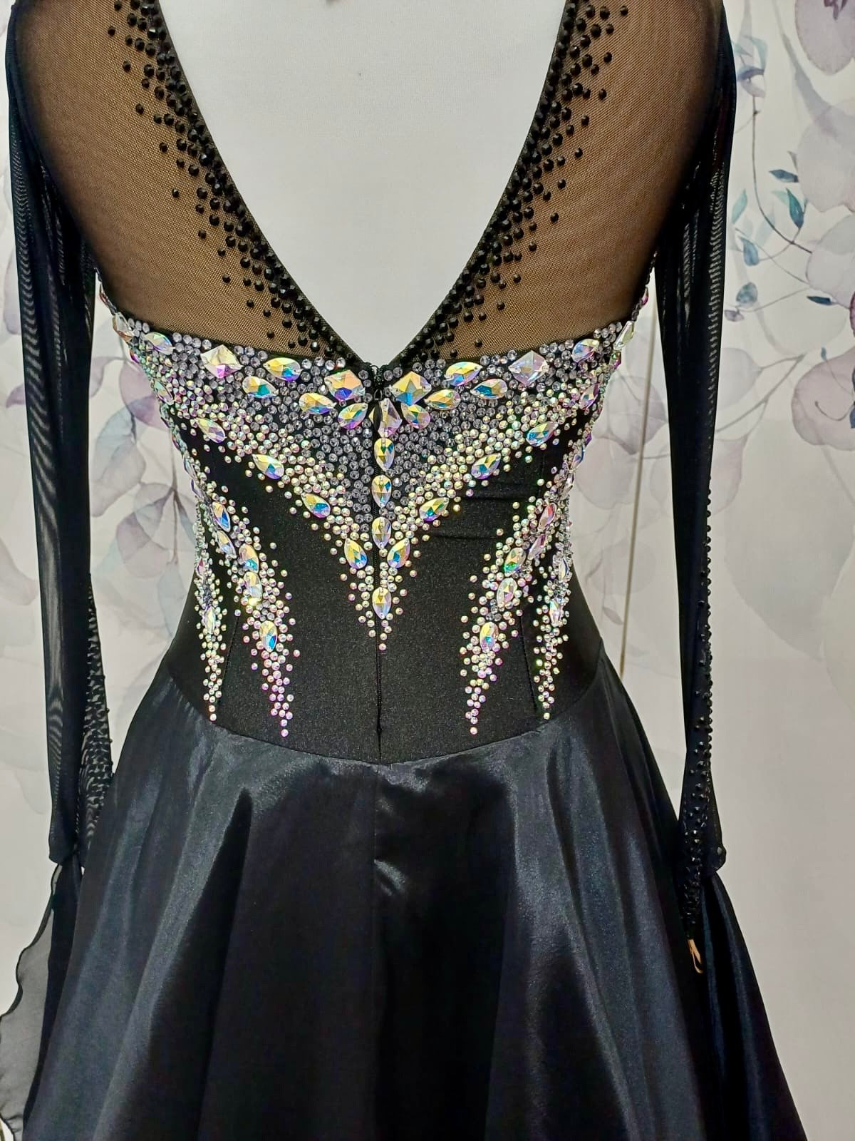 042 Black Ballroom/Sequence Competition Dance Dress. Heavily stoned in AB with detachable floats.