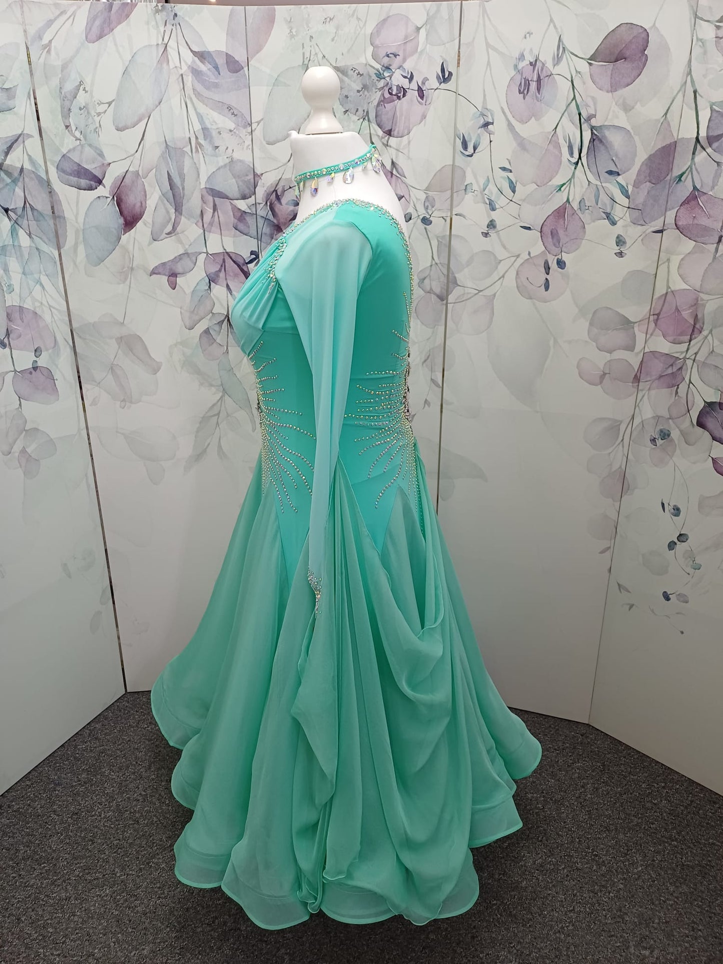 73B Pretty Mint Green Competition Ballroom Dance Dress. Stoned in AB with mesh overlay to the upper chest. Detachable Floats. ❤️Showroom Appointments Available❤️