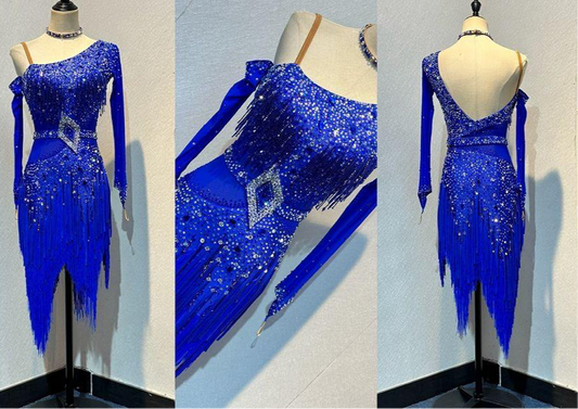 129L Royal Blue Competition Latin Dance Dress. 1 Shoukder detail & optional belt. Stoned in AB & Sapphire. ❤️Showroom Appointments Available❤️