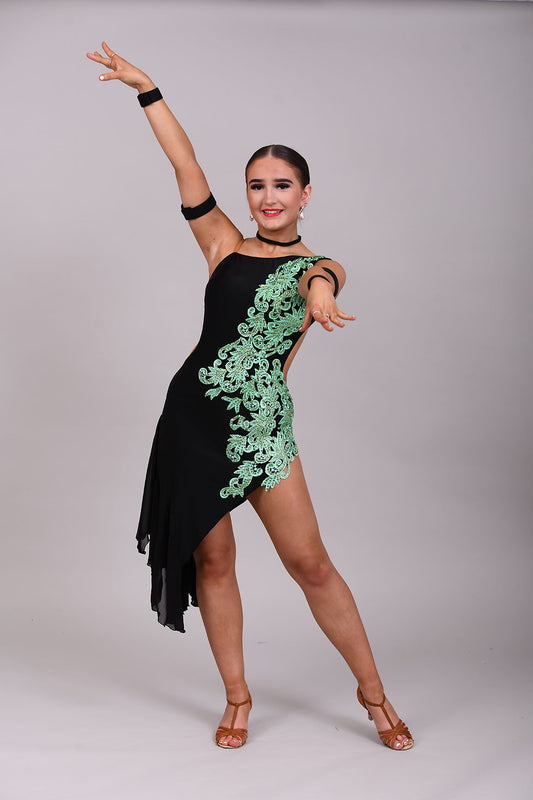 100 Black mesh on Lycra with green motifs and mesh godets Latin dress. Olivine stoned motifs.