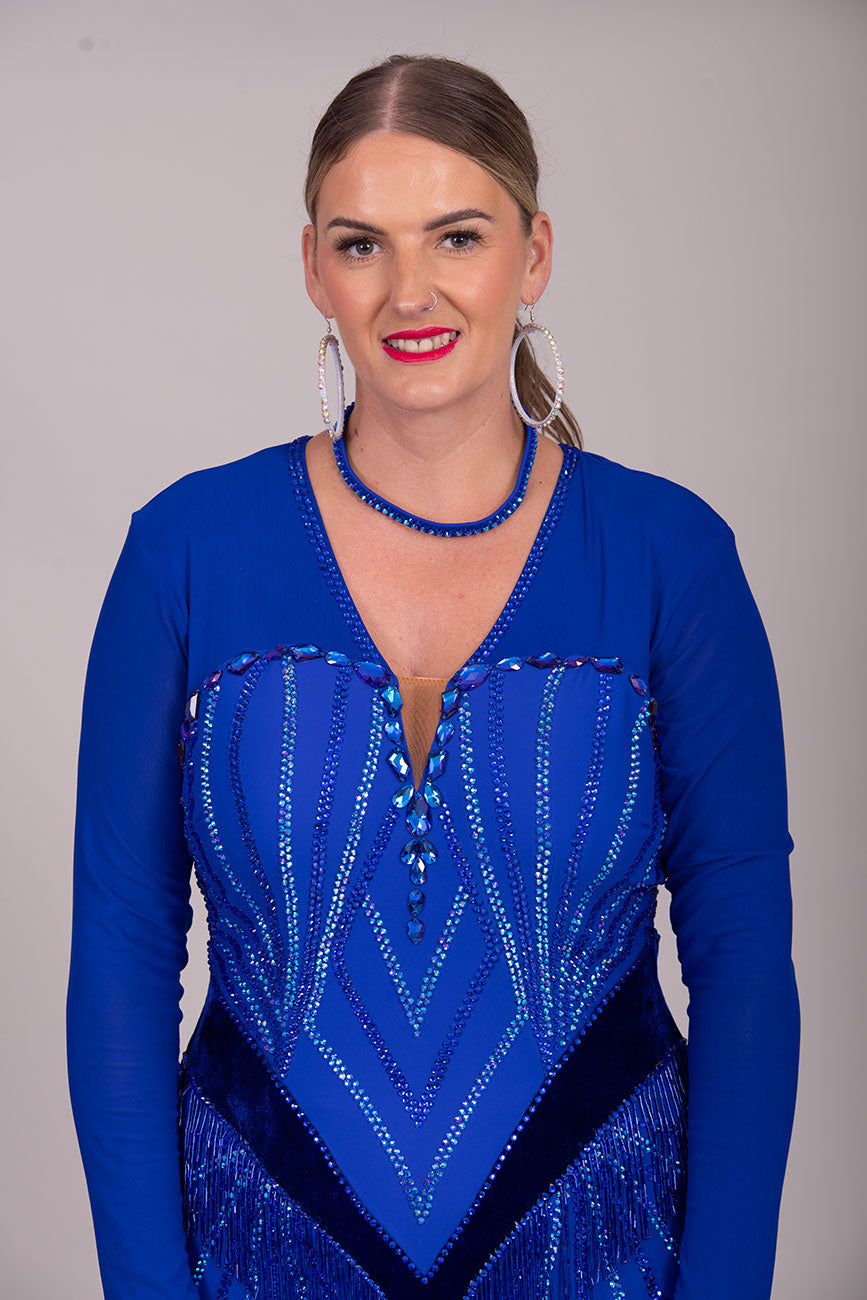 119L TWD ELITE Royal Blue Latin Competition Dance dress. Absolutely Stunning stoned in Sapphire & Light Sapphire with bead dropper fringe and tassel fringe for maximum movement.