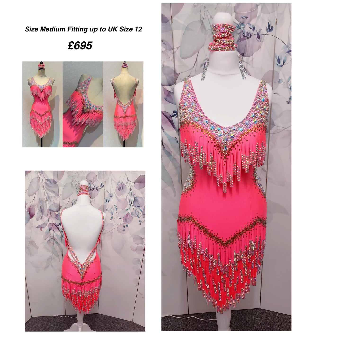 003 Coral Competition Latin Dance Dress. Full stoned fabric fringe details to chest and skirt. Includes bracelets. Stoned in AB & Hyacinth AB