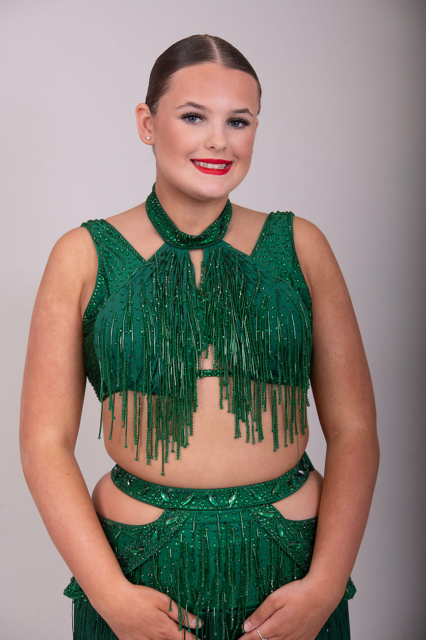 (BUDGET)7 Emerald Latin Competition Dance Dress. stoned in Emerald. droppers to chest & waist with fringe skirts.                                           *****Our New Budget Range are Bought in ready made Costumes, with some detail added by TWDance*****
