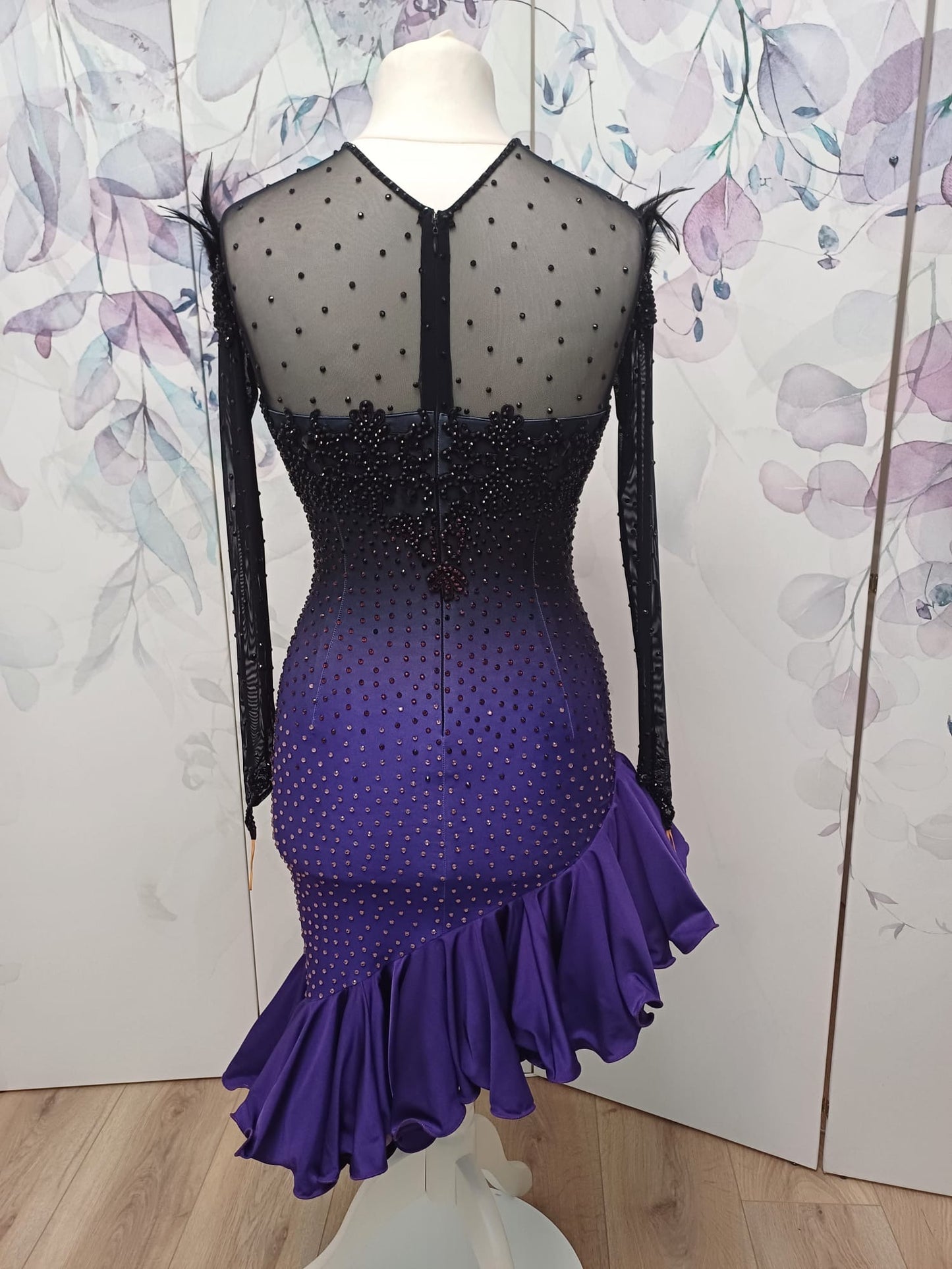 194 Standout Latin Dance Dress. Black to purple ombre with full frill skirt. Decorated with ostrich feather trim, purple & jet stones.