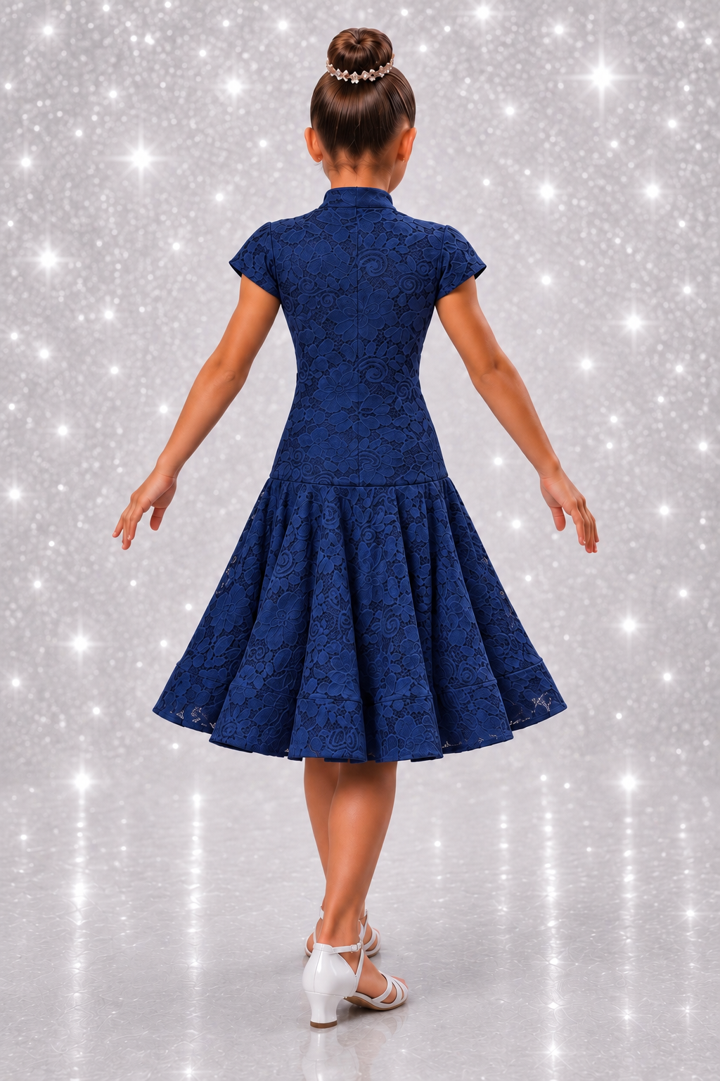 152J Navy Blue Lace 1 Piece Latin Dress Competition Number Wallet & Decorative Pins & Matching Hair Flower **Everything included in Price when full set purchased**