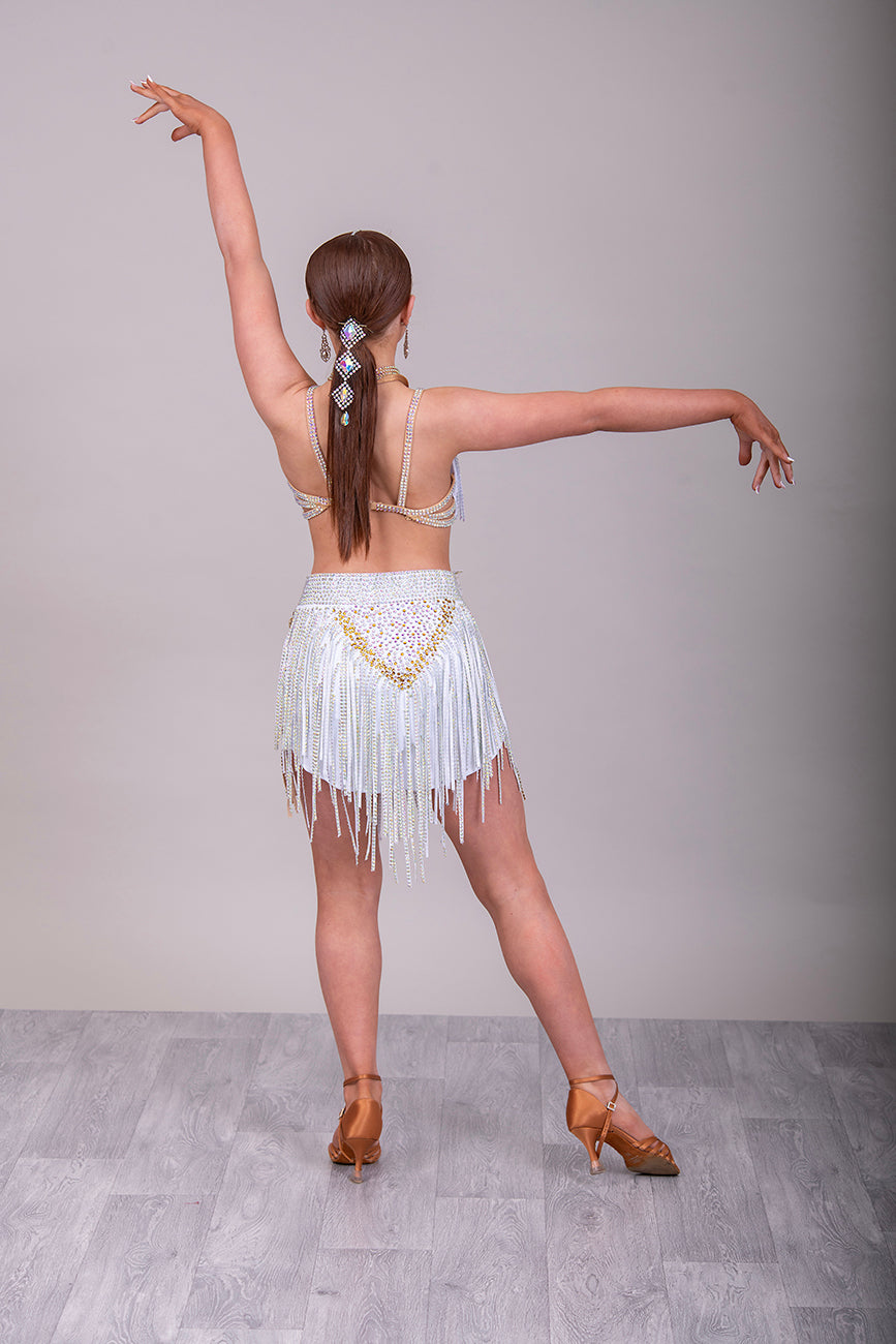 (BUDGET)4 White 2 Piece Latin Competition Dance Dress. AB & Sunshine. Fabric strips skirt in AB Comes with Necklace                                      *****Our New Budget Range are Bought in ready made Costumes, with some detail added by TWDance*****