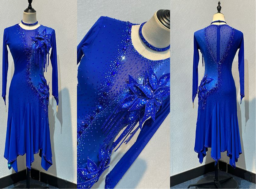 45L Stunning Cobalt Blue Competition Latin Dance Dress. 3D feature to upper left Chest & Hip. High back to allow option to wear own Bra. Beautiful full skirts for Maximum movement. ❤️Showroom Appointments Available❤️