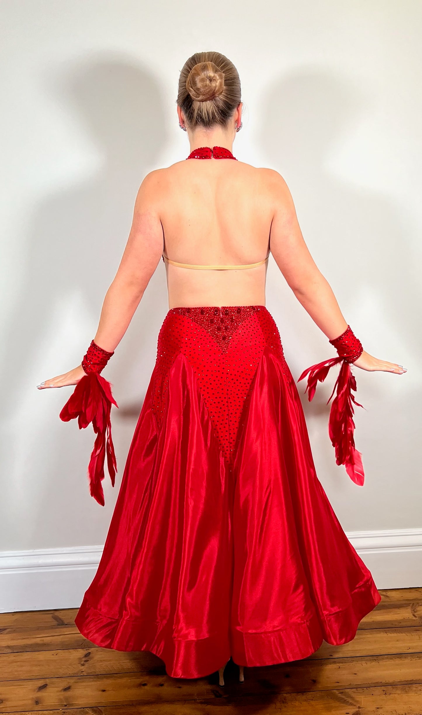 219 Red Sleeveless/Backless Ballroom/Smooth halter neck Dress. Feature panelling to the waist. Long Glove let’s with feather detailing. Flesh strapping to the chest and back.