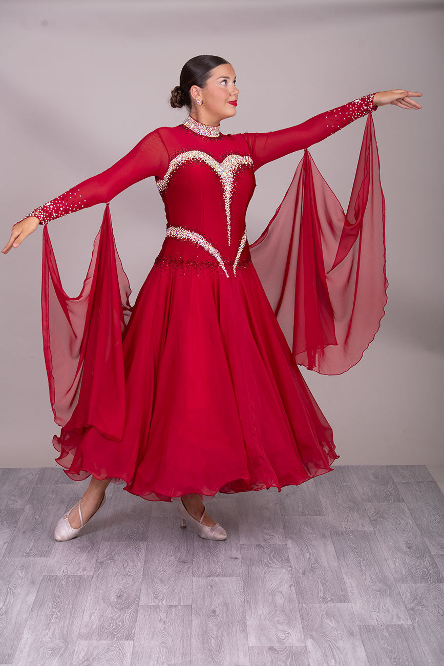 28B “TWD ELITE” New Fuller Skirts/Underskirts with flattering design in Red Heavily stoned Ballroom/Sequence Competition Dance Dress. Stoned in AB & Red, Detachable Floats. High back giving option to wear own Bra