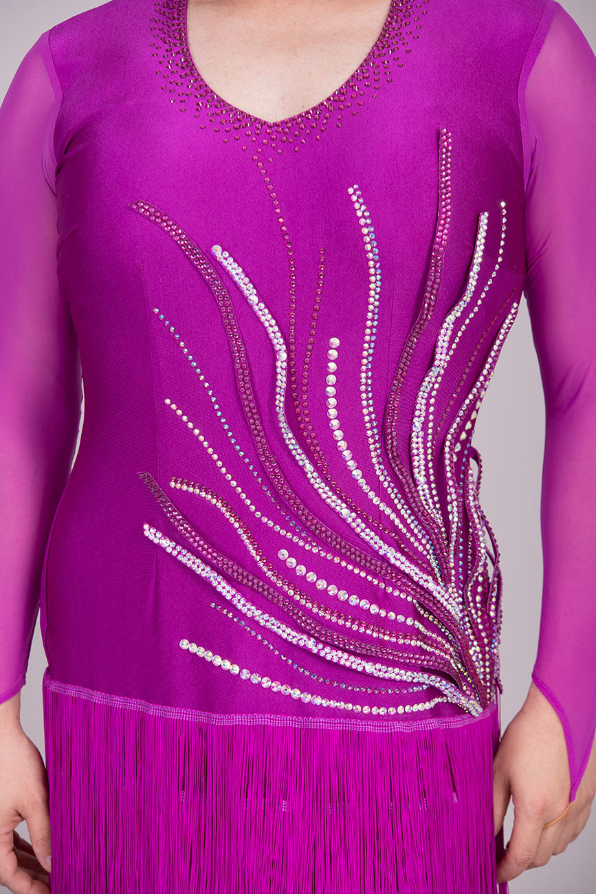 123L Hot Magenta Competition Latin Dance Dress. Flattering Hip Design with full back for option of wearing own Bra & full fringed skirts.