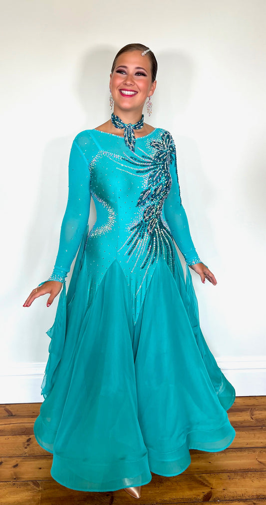 258 Deep Aqua Green Ballroom Dance Dress. Stoned in AB, Blue Zicron & Aquamarine. Detachable Floats