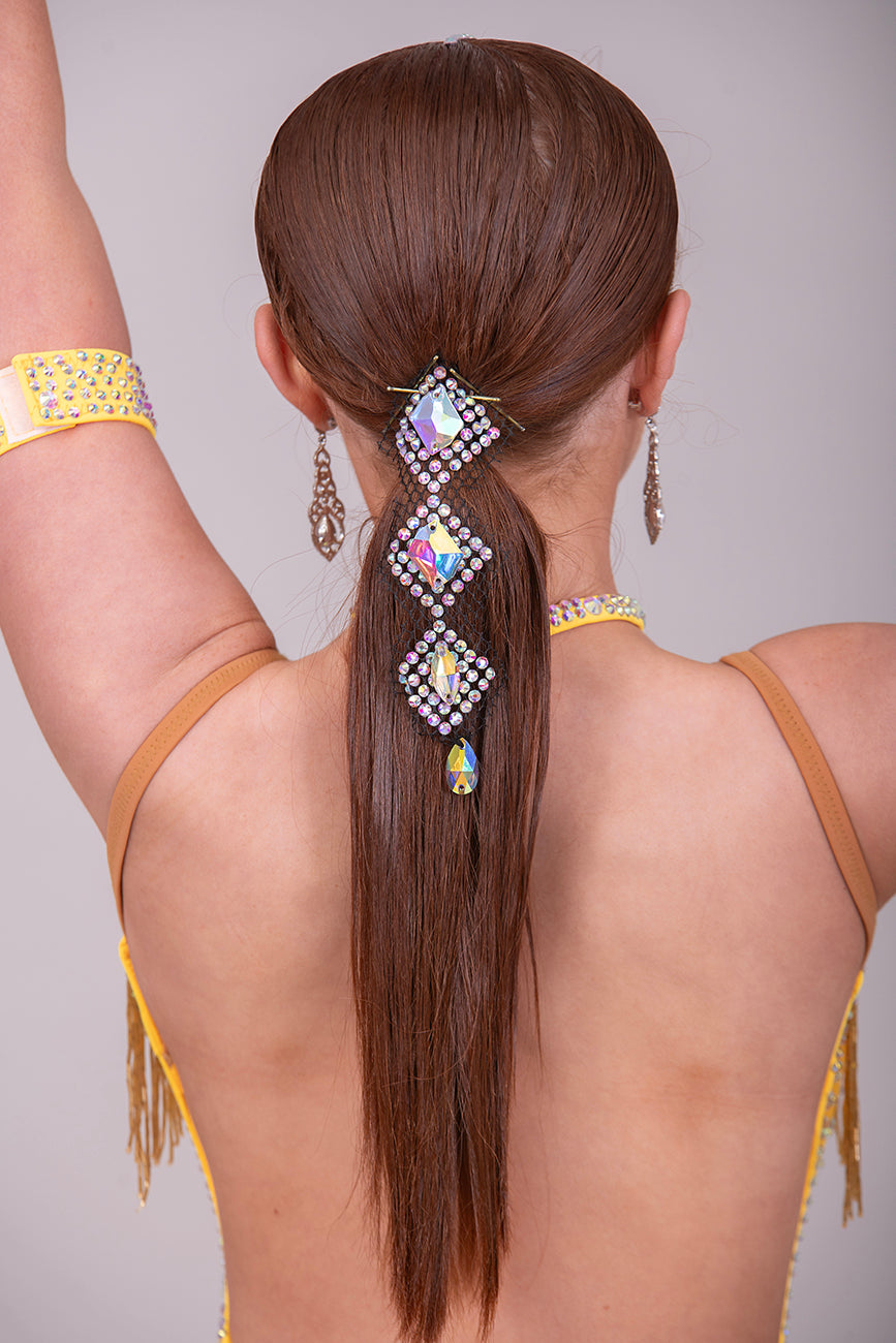260 Yellow Fringe detailed skirt Latin Dress. AB stones with golden droppers to the chest. Open detailing to the front.