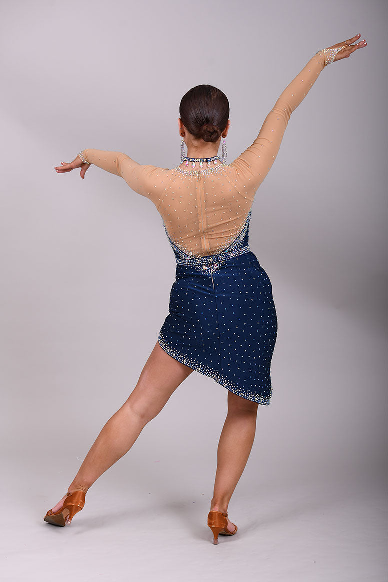 047 Navy blue Drape detail to the front Latin Dress. Separate belt. High mesh back. Decorated with Bermuda blue, light Saphire & Ab stones