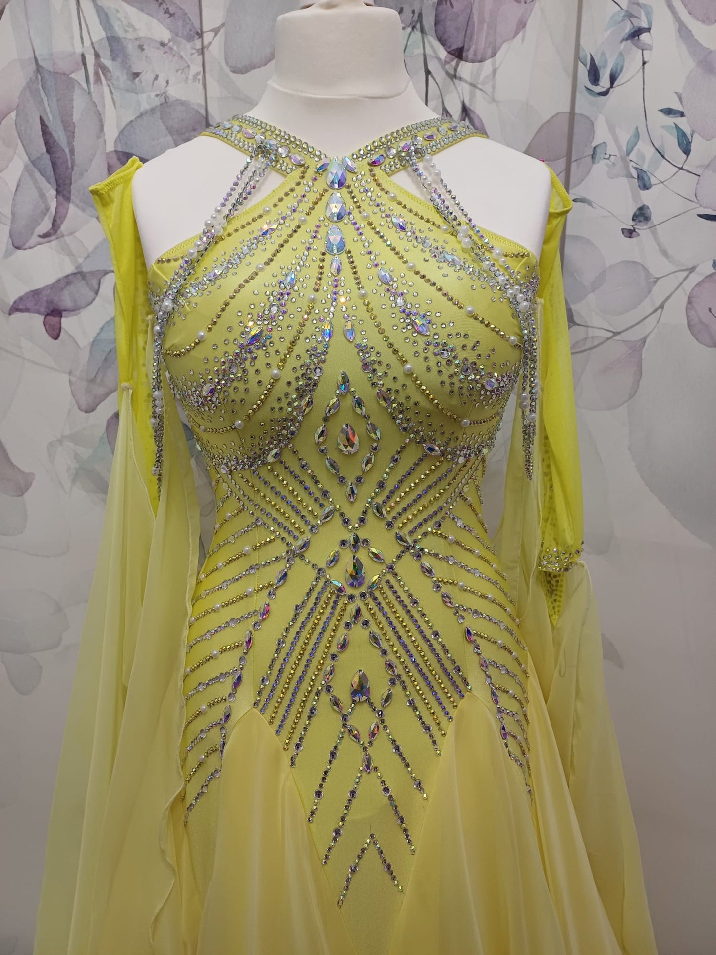 01210 Lemon Competition Ballroom Dance Dress. Beautifully stoned in AB, Night Starry Sky & Sunlight