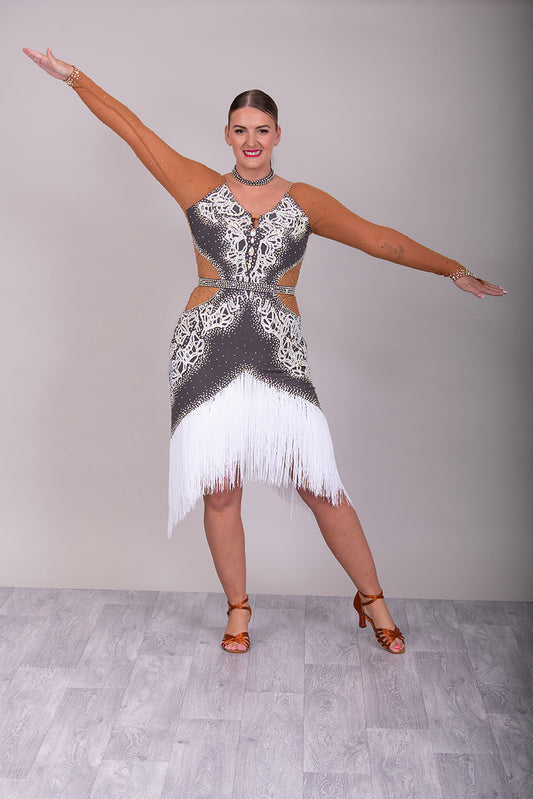136 Gunmetal & White Latin Dress with full fringed skirt. White appliqué with tan side panel detailing. All stones AB