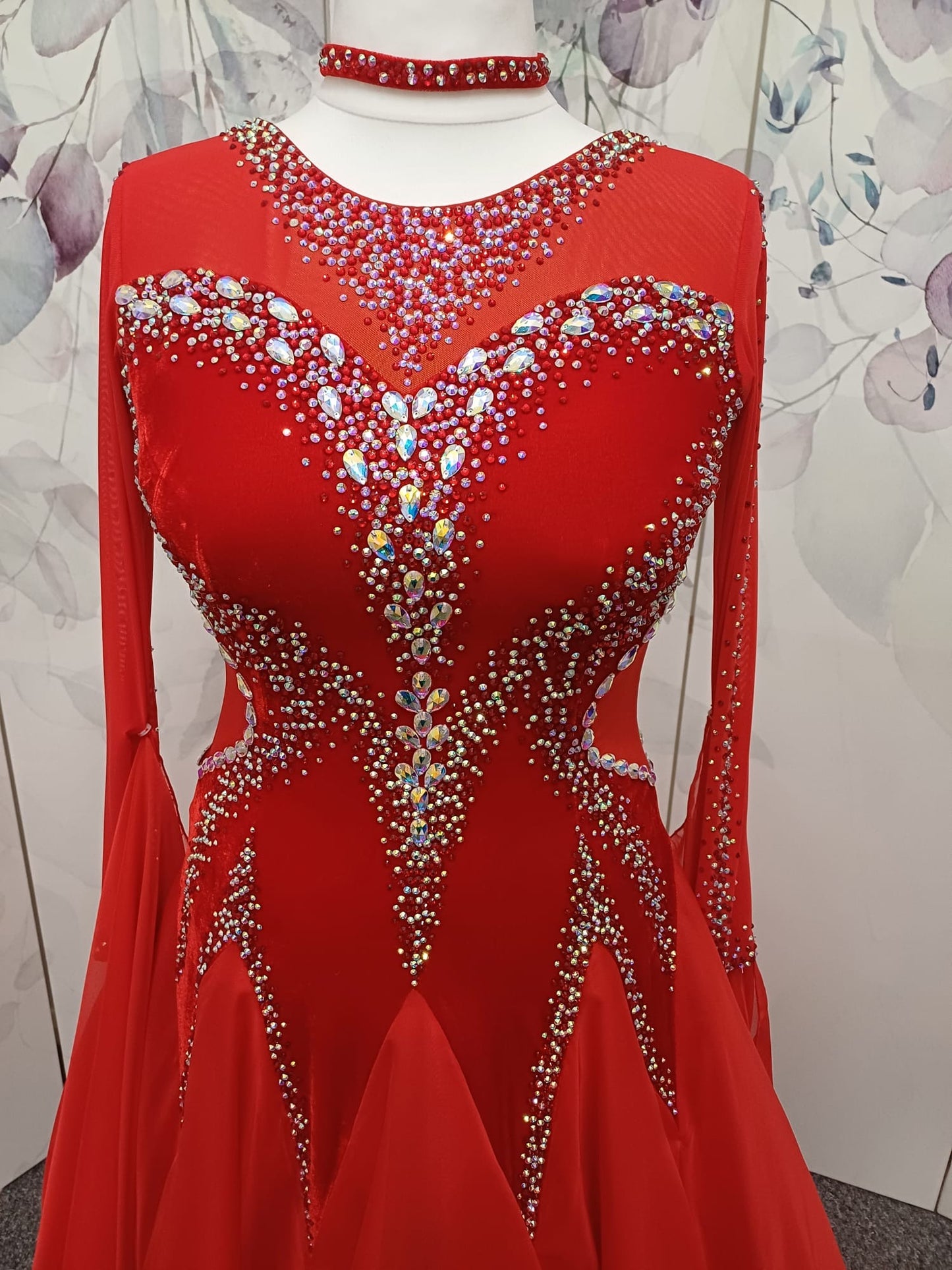 055 Red Competition Ballroom Dance Dress. Red Velvet Panels to the bodice. Heavily decorated in Siam & AB