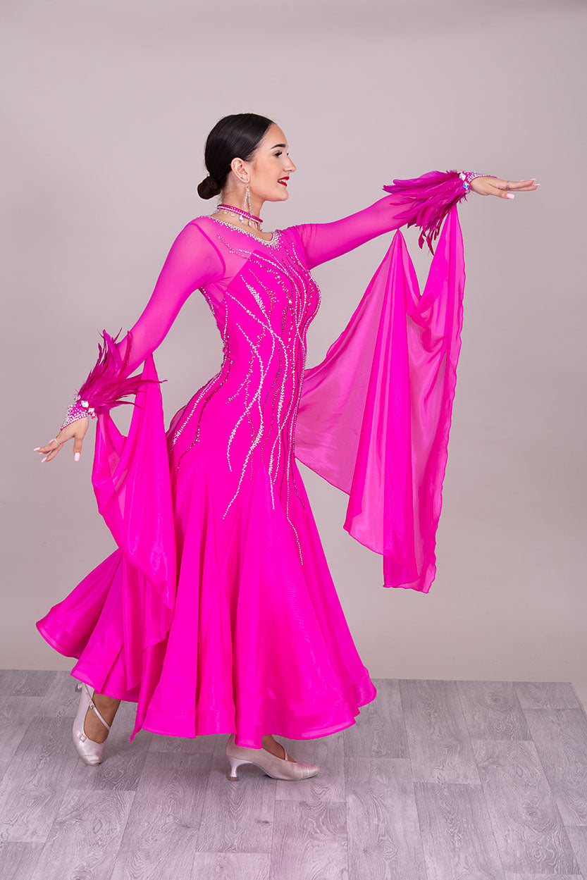 39B TWD PETITE Fuchsia Competition Ballroom/Sequence Dress
Detachable Feather Cuffs & Floats. 
Stoned in Light Rose, Rose & Fuchsia