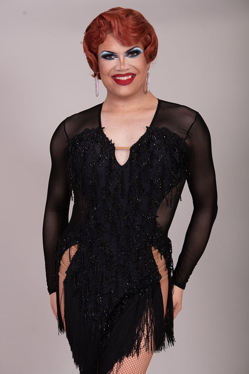 (BUDGET)15 Black Latin Competition Dance Dress. Stoned Black Motifs throughout with black bead droppers all over. High Back giving option to wear one bra. Cut out hips to get those legs out. Fringe to the hem of the skirt