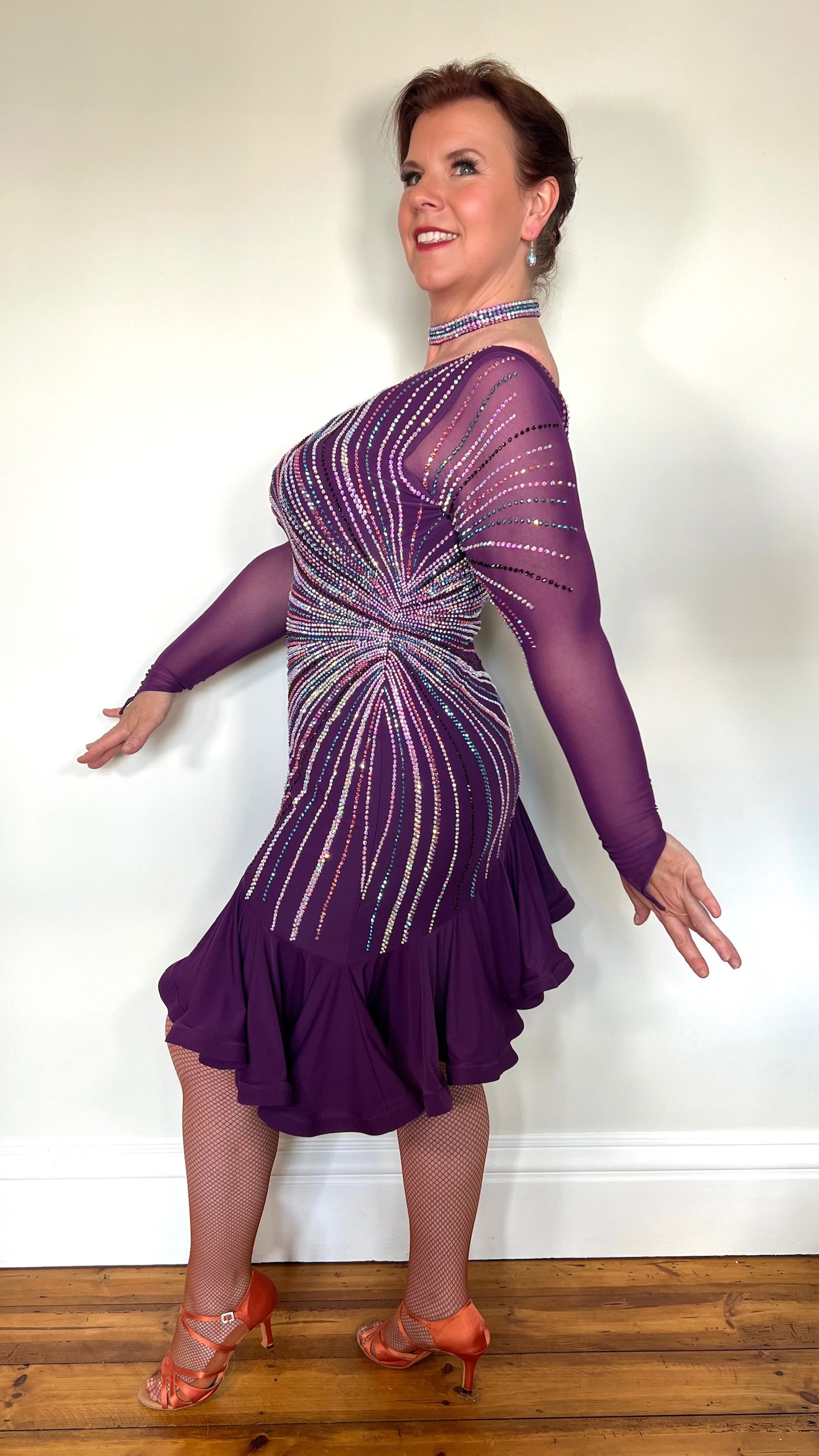 171 Stand Out Striking Plum Latin Dance Dress. Heavily stoned in AB, plum AB & Light aquamarine. Very full frill giving maximum movement. High back giving option to wear own bra.