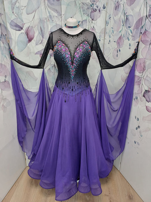 256 Purple Ballroom Dance Dress. Skirt Suitable for Sequence. Decorated in purple, Rose & Aquamarine. Detachable floats