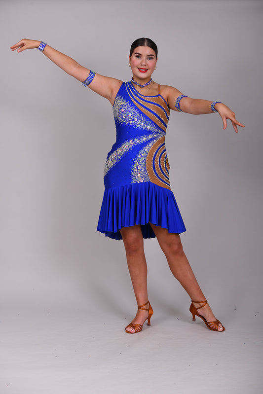 138 Bright Electric Blue One Shoulder Latin Dress. Tan Lycra to one side & heavily stoned in AB. Full frill effect skirt.