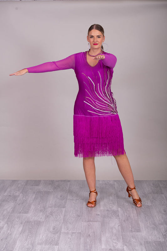 123L Hot Magenta Competition Latin Dance Dress. Flattering Hip Design with full back for option of wearing own Bra & full fringed skirts.