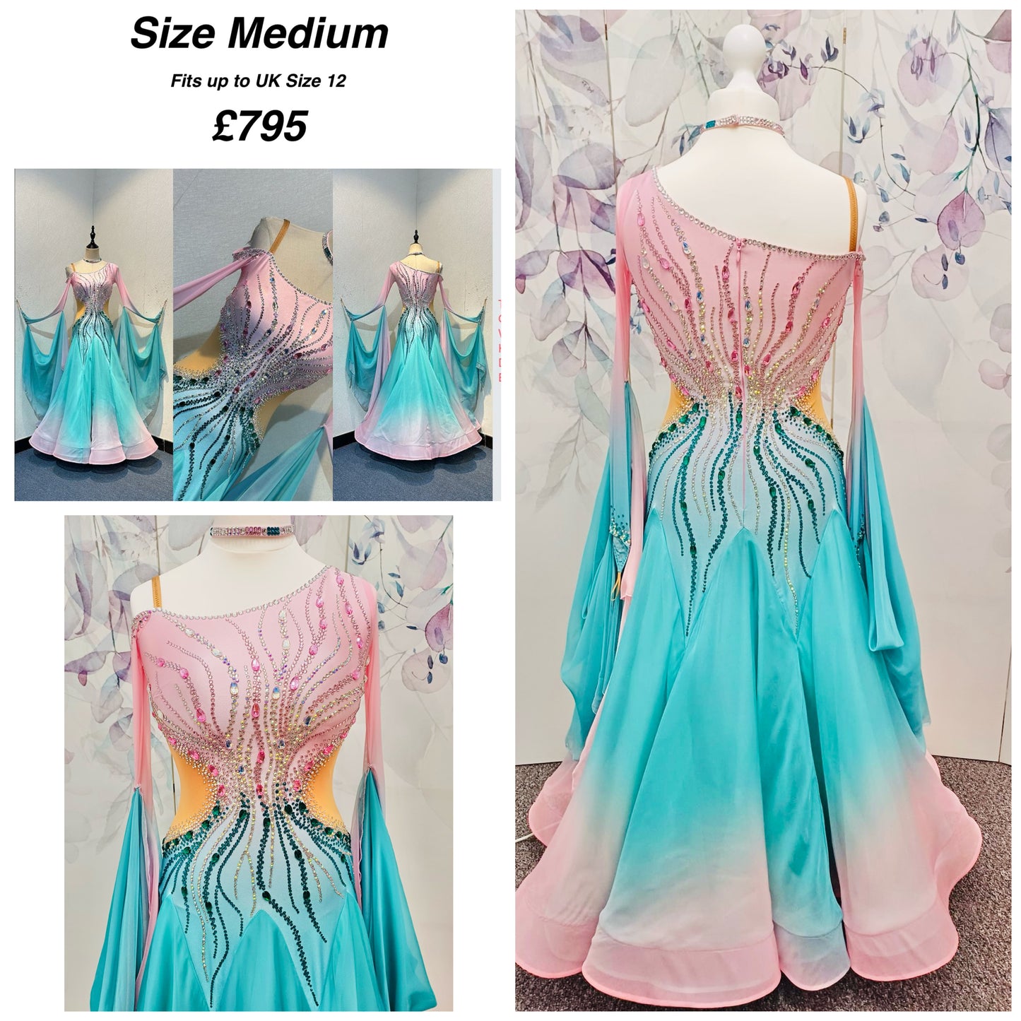 01130 Light Aqua & Baby Pink Ombre Competition Ballroom Dance Dress. Stone with AB & Fuschia. Detachable floats