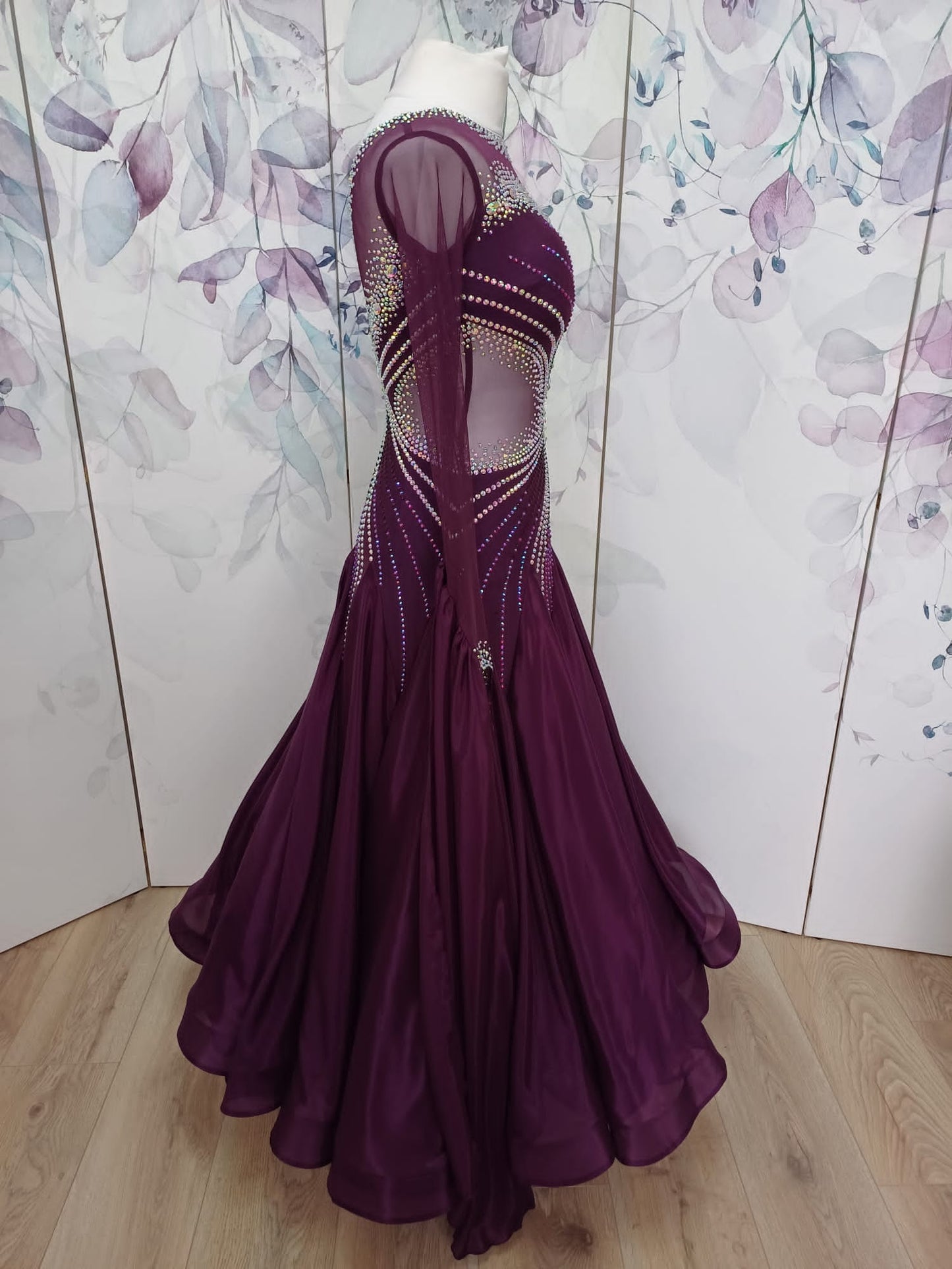 014 Plum Ballroom Dance Dress. Stoned in AB with detachable floats. Plum mesh side panel detailing.