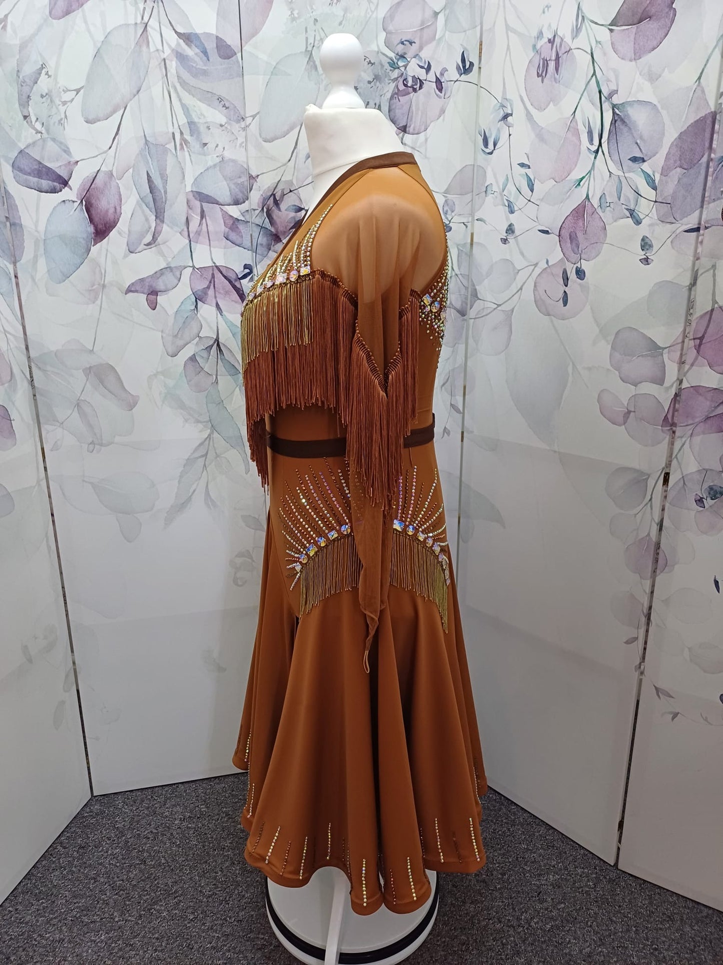 43L Classy Tan & Gold with Chocolate accents Competition Latin Dance dress .Stoned in Chocolate & AB. High back with mesh on Lycra detail giving option to wear own bra. ❤️Showroom Appointments Available❤️