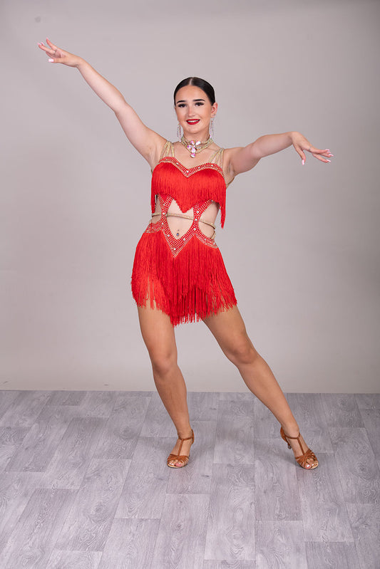 (BUDGET)17 Red Latin Competition Dance Dress.Full Fringed Skirts with shoulder & waist detailing.2 Bangles included.                                     *****Our New Budget Range are Bought in ready made Costumes, with some detail added by TWDance*****