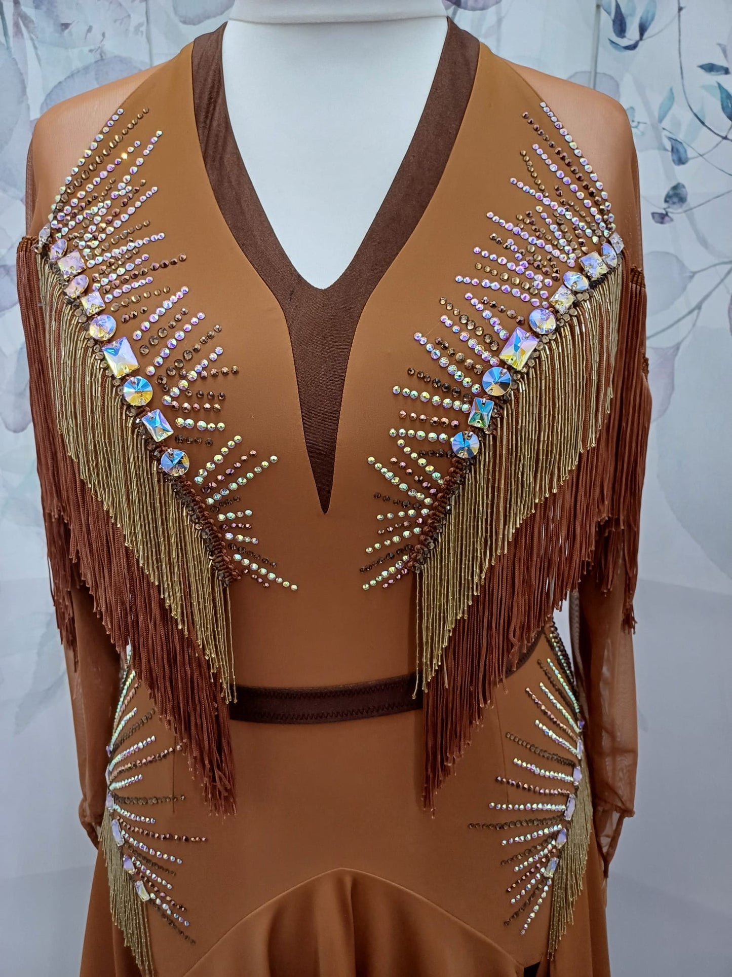 43L Classy Tan & Gold with Chocolate accents Competition Latin Dance dress .Stoned in Chocolate & AB. High back with mesh on Lycra detail giving option to wear own bra. ❤️Showroom Appointments Available❤️