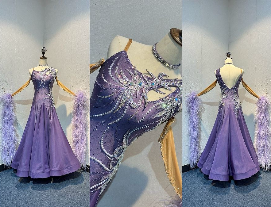 63B Deep Violet Competition Ballroom/Sequence Competition Dance Dress. Heavily stoned in AB, Amethyst & Violet. Motif decoration to upper left shoulder & hip. Feather Boa floats & flesh Gloves. ❤️Showroom Appointments Available❤️