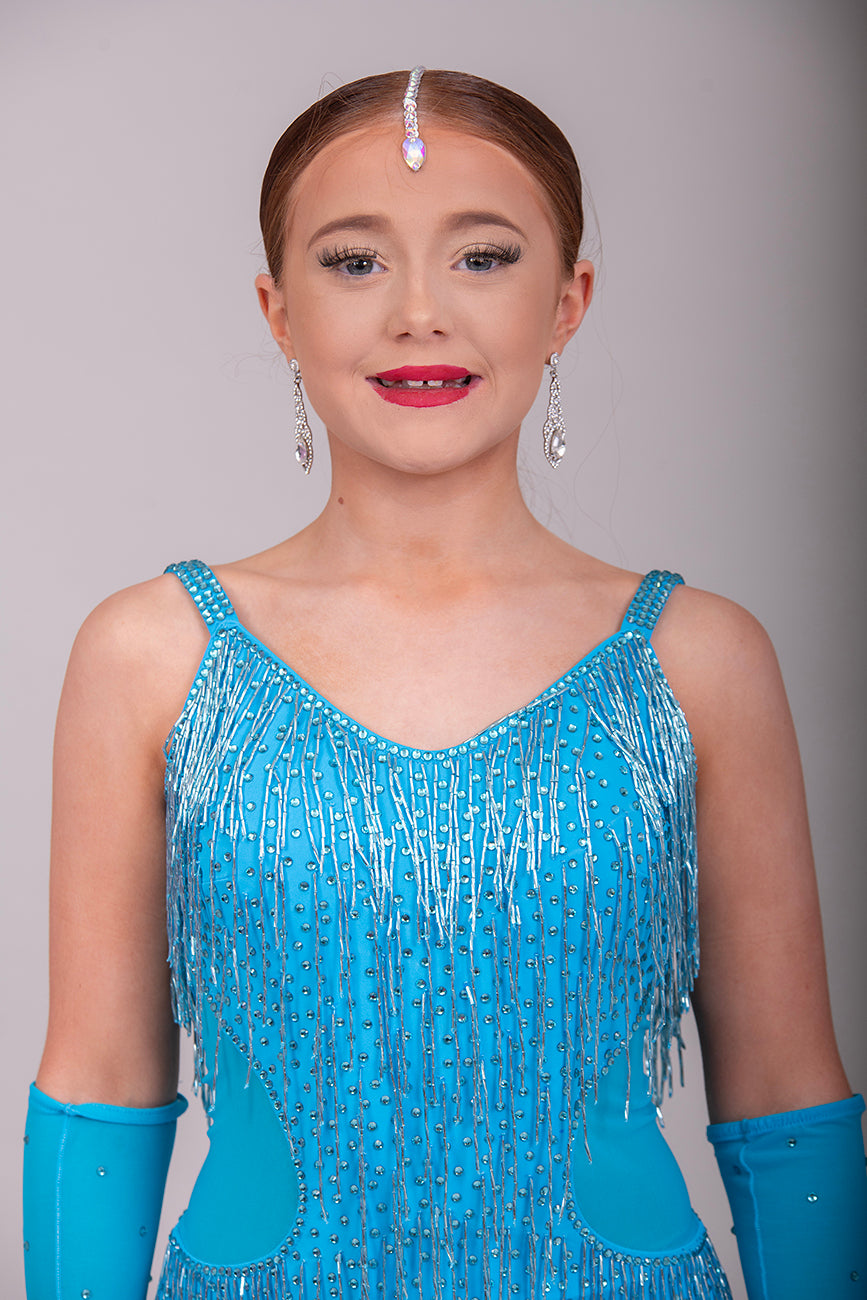 (BUDGET)6 Turquoise Latin Competition Dance Dress. Bead Droppers & stones. Comes with long finger gloves                                     *****Our New Budget Range are Bought in ready made Costumes, with some detail added by TWDance*****