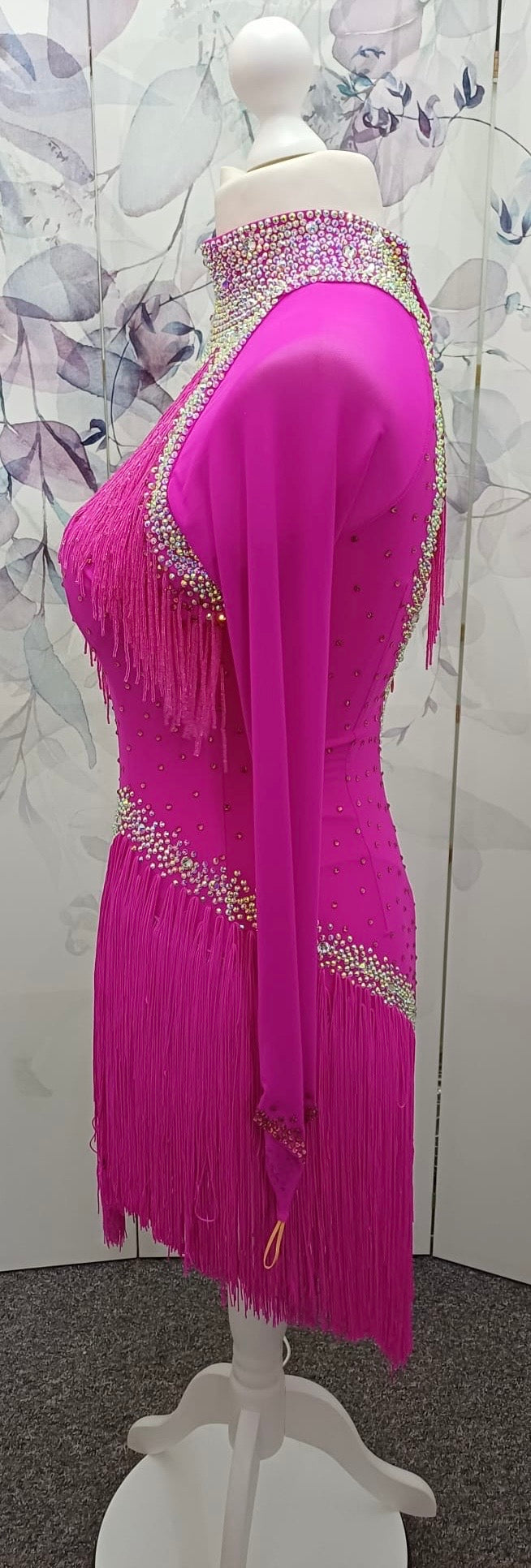 52L Striking Pink Competition Latin Dance Dress. Full fringed skirts with heavy stoning detail in AB & Rose. Flattering bodice shaping. ❤️Showroom Appointments Available❤️