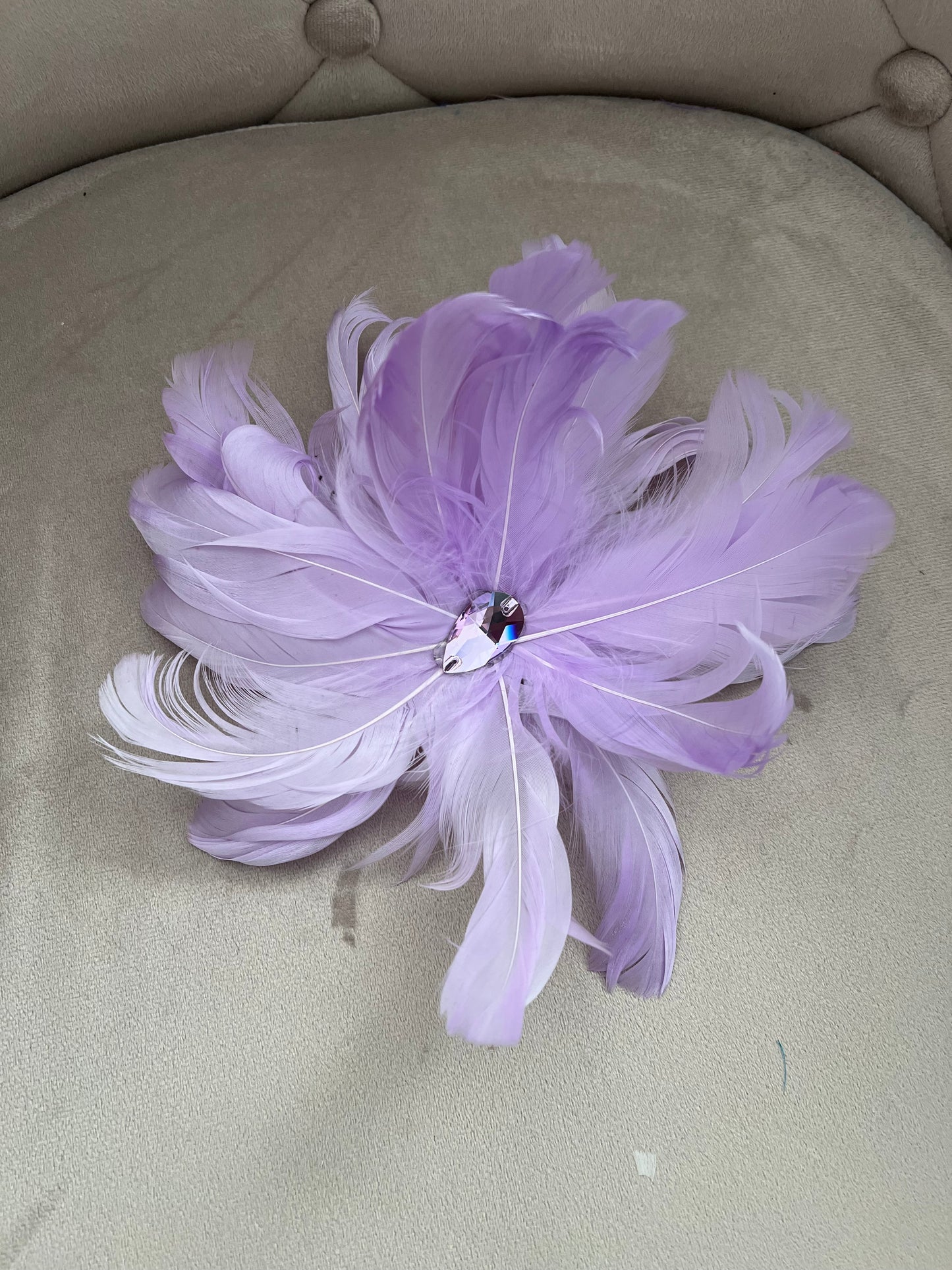 V55 8”x8” Feather Decoration. Pin & clip option on the back. Instant decoration to any Leotard/Costume.  17x28mm top quality pear stone in the centre of the feathers.