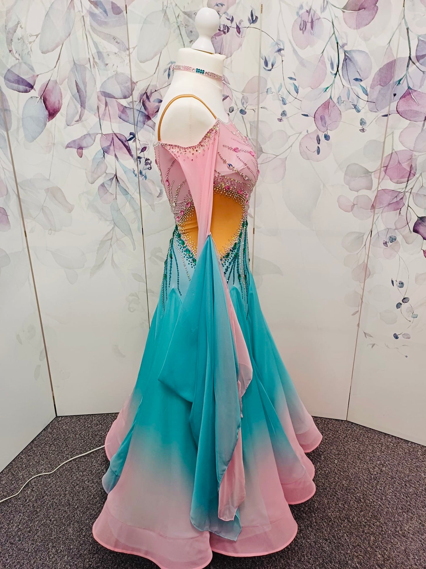 01130 Light Aqua & Baby Pink Ombre Competition Ballroom Dance Dress. Stone with AB & Fuschia. Detachable floats