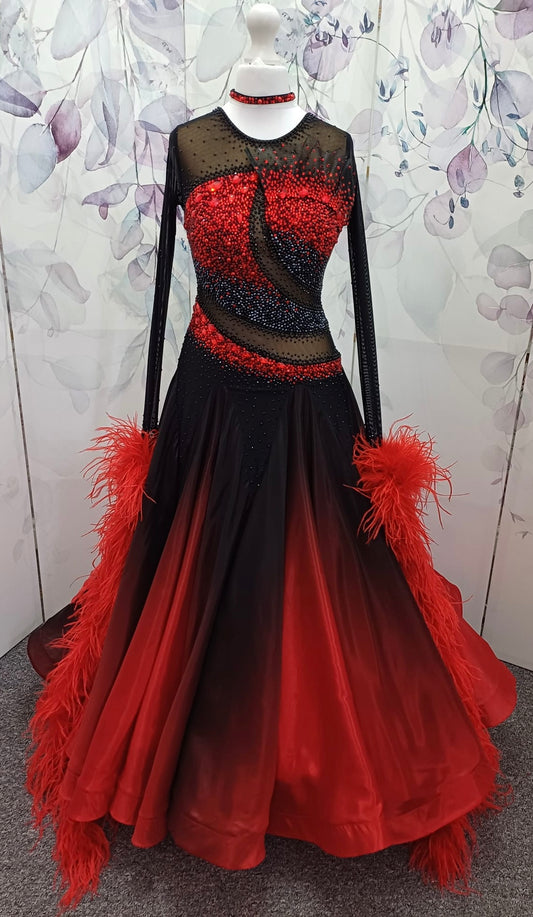 38B TWD ELITE Red & Black Ombre Competition Ballroom/Sequence Dance Dress. New Fuller Skirts & Underskirts. This dress is Stand Out Striking stoned in Red & Black. Detachable Floats