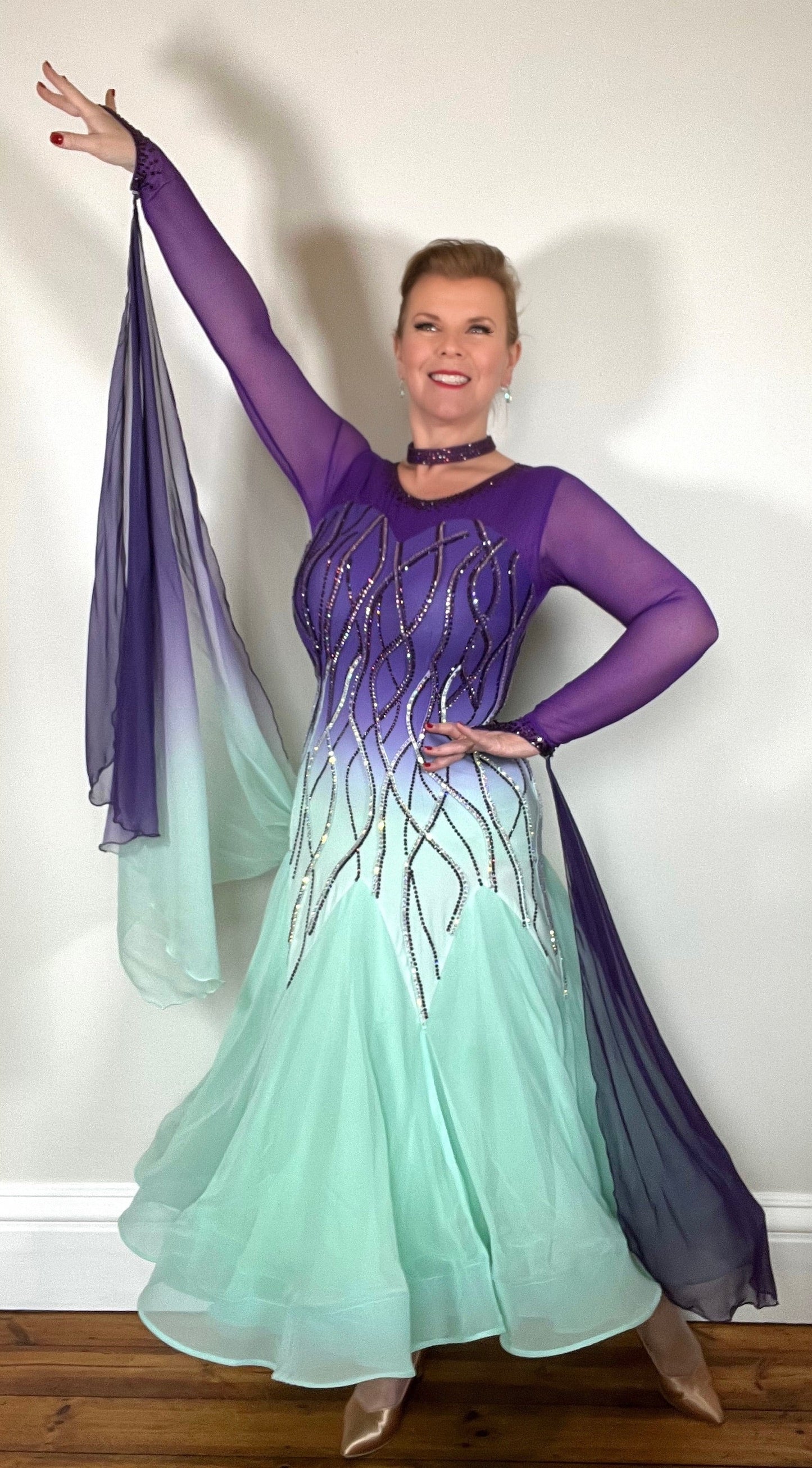 0010 Purple & Mint Green Ombre Competition Ballroom Dress. Stoned in purple, mint green & AB. Ombre Detachable Floats.