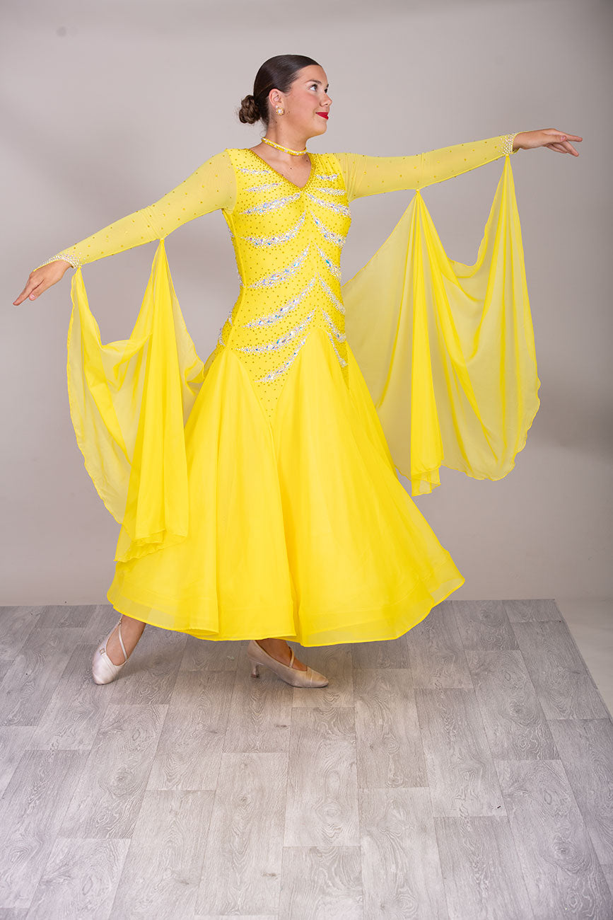 36B Sunshine Yellow Competition Ballroom/Sequence Dance Dress. High Godet at the front giving a flattering tummy look & stone design in AB. High back giving own Bra Options Detachable Floats