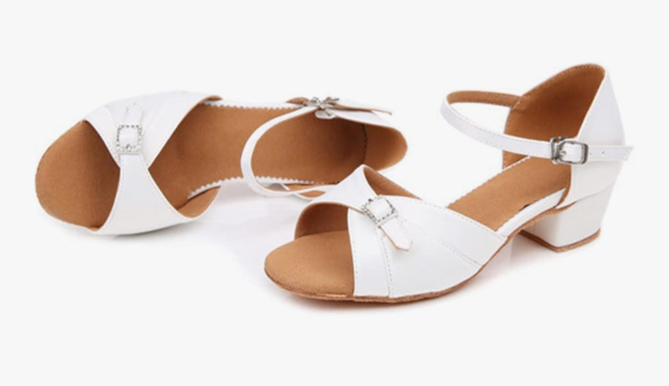 (4) TWD “LULAH” Children’s Ballroom Shoes. White Lattice Design or White with Diamanté Buckle Detail. Each Pair of Shoes comes Boxed & Includes a “Pink Shoe Bag” & pair of plastic feet protectors for trying the Shoes on for Size, Fit & Comfort.